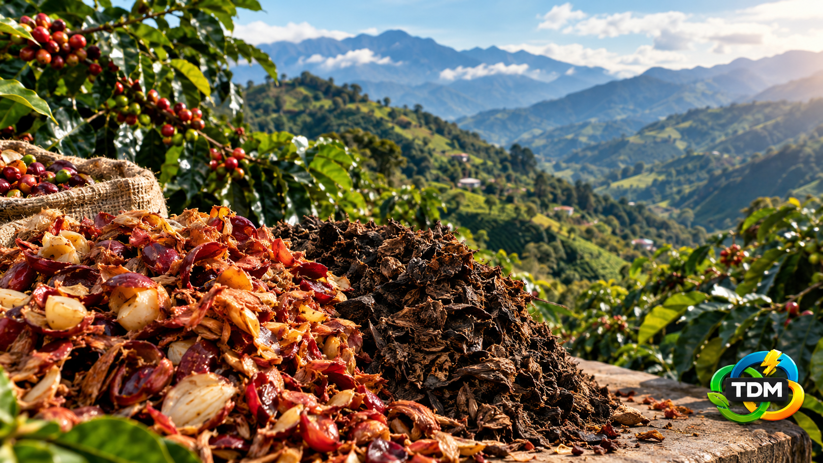 Biomasa húmeda en origen — café y valle de montaña, Tolima